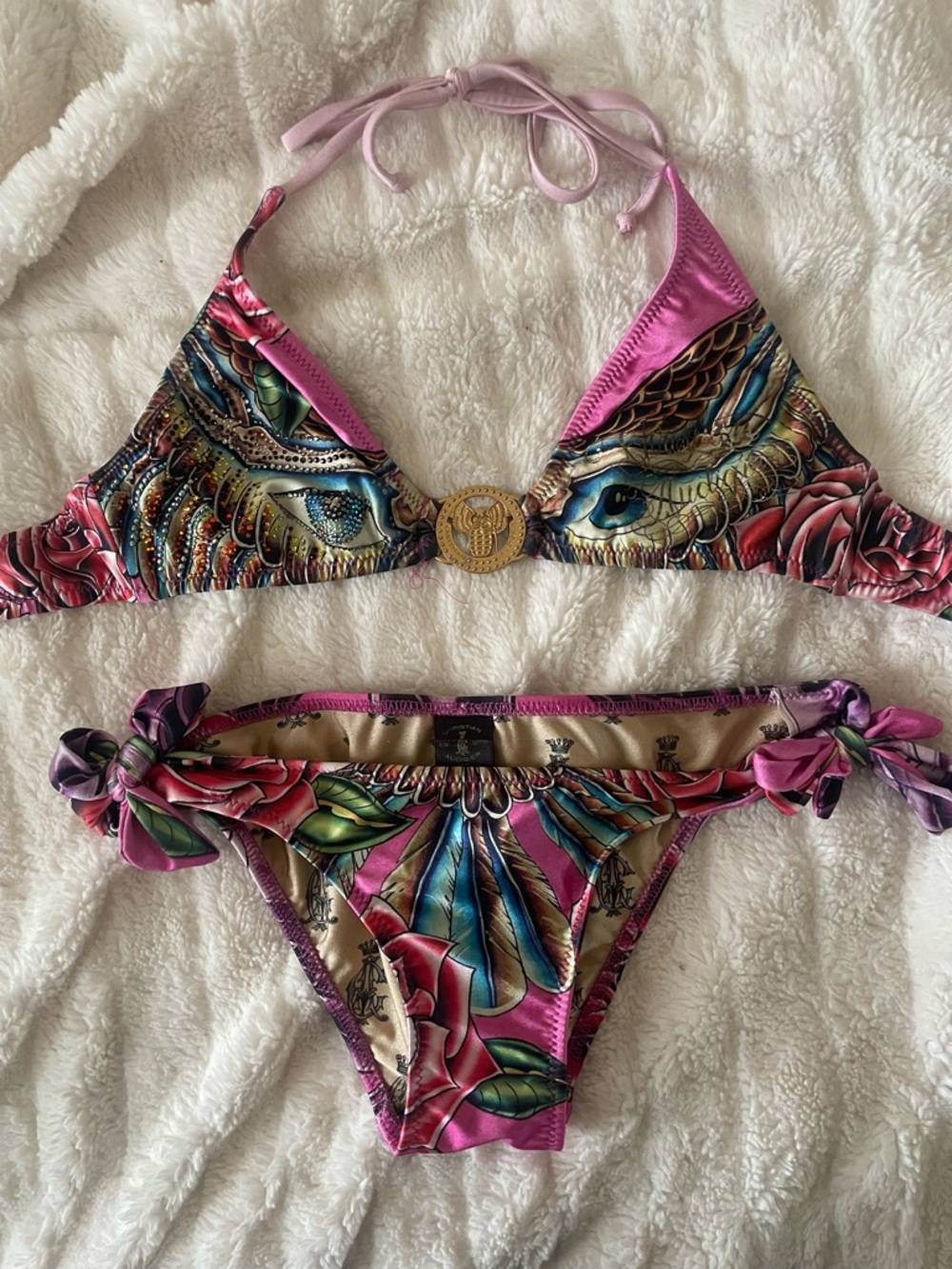Christian Audigier Pink Multicolor Feather & Rose Print Bikini
